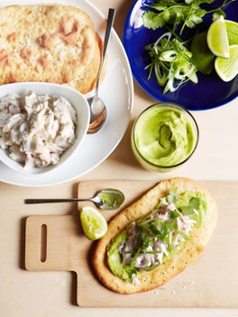 Shredded snapper, lime, coriander and avocado flatbread 