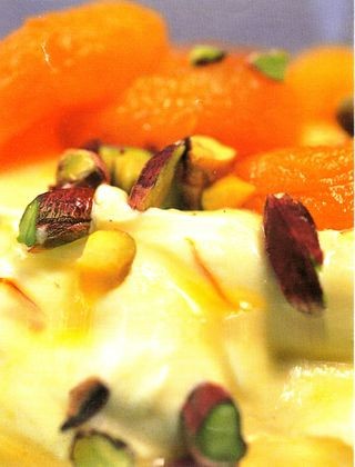 Shrikhand with poached cardamom peaches and rosewater