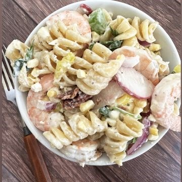 Shrimp & corn pasta salad with feta