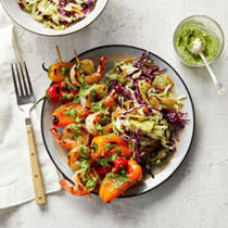 Shrimp & pepper kebabs with grilled red onion slaw