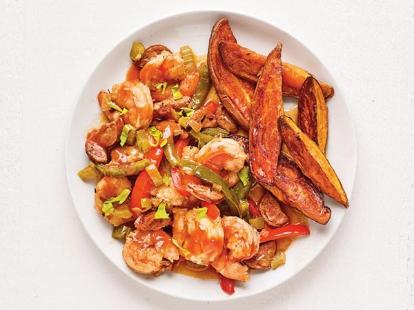 Shrimp and andouille with sweet potatoes 