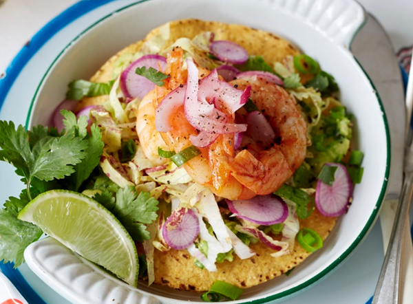 Shrimp and avocado tostadas