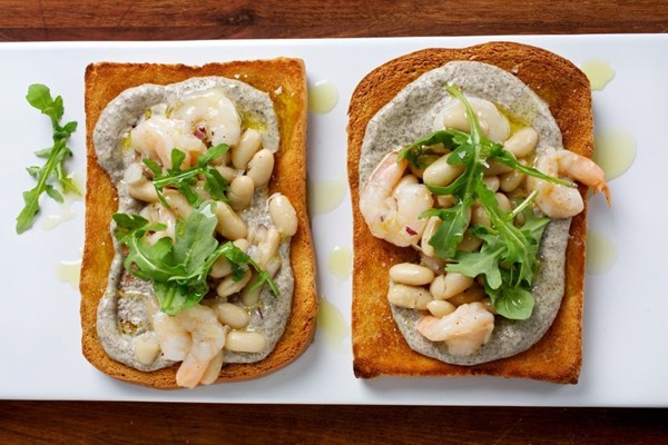 Shrimp and bean toasts with nori-tonnato spread