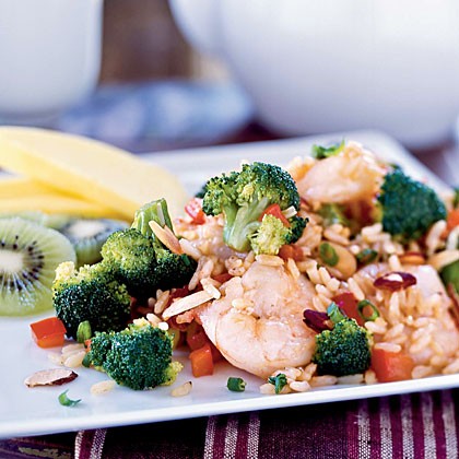 Shrimp and broccoli fried rice with toasted almonds