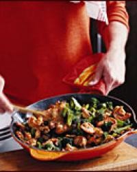 Shrimp and broccoli with honey-walnut caramel sauce