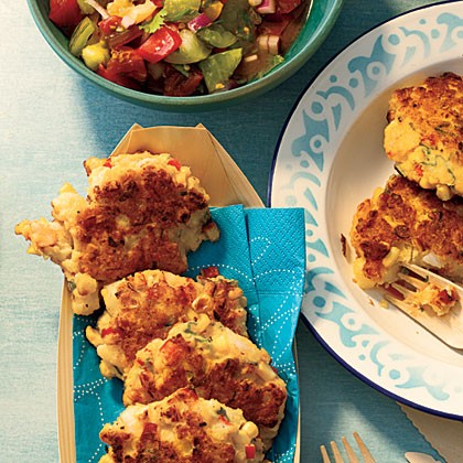 Shrimp and corn cakes with heirloom tomato salsa