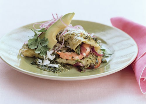 Shrimp and cotija enchiladas with salsa verde and crema Mexicana