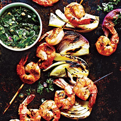 Shrimp and fennel kebabs with Italian salsa verde