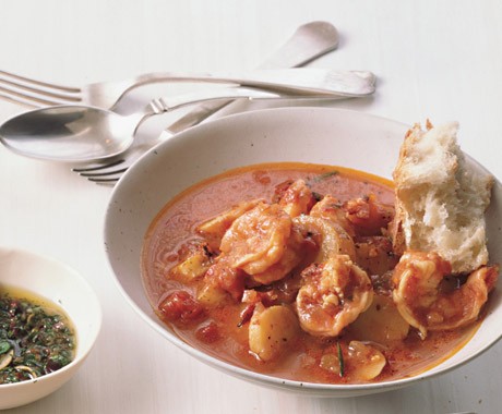Shrimp and fingerlings in tomato broth