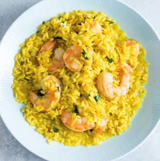 Shrimp and orzo risotto with saffron and lemon