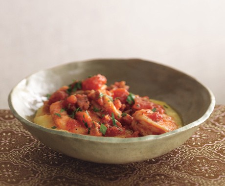 Shrimp and pancetta on polenta