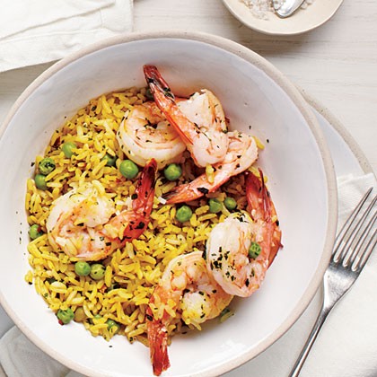 Shrimp and pea rice bowl