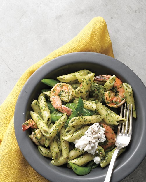 Shrimp and penne with spring herb pesto