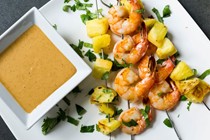 Shrimp and pineapple skewers with peanut sauce