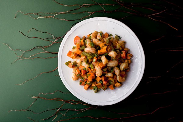 Shrimp and roasted sweet potato hash stuffing
