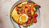 Shrimp and sausage with cheesy grits
