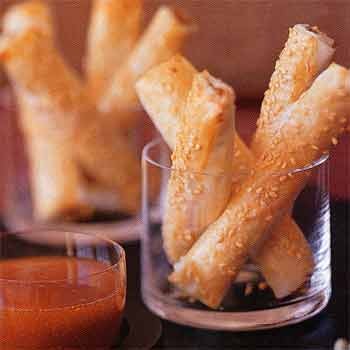Shrimp and sesame sticks with apricot dipping sauce