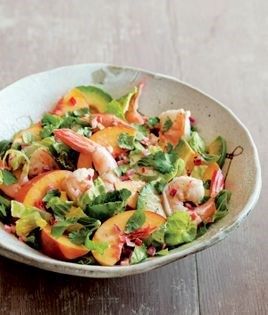 Shrimp, avocado, and peach salad with chile and lime