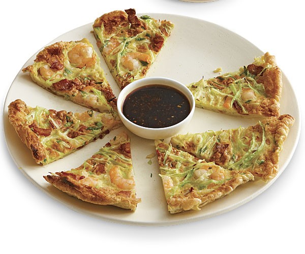 Shrimp, bacon, and egg pancake