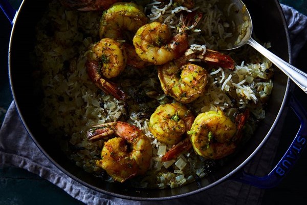 Shrimp biryani (Indian shrimp and rice)