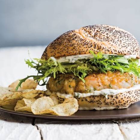 Shrimp burgers with herbed aioli & frisée salad