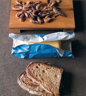 Shrimp butter on toasted Poilâne bread (Beurre de crevettes grises, pain Poilâne)