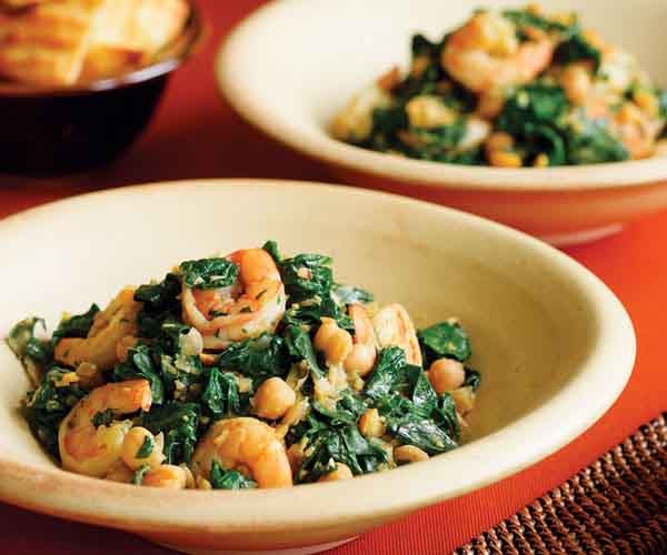 Shrimp, chickpeas, and spinach with ginger and cumin