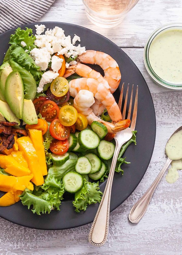 Shrimp Cobb salad with creamy basil dressing