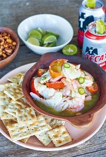 Shrimp cocktail with tomato and cilantro oil