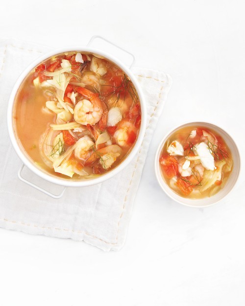Shrimp, cod, and fennel soup with tomatoes