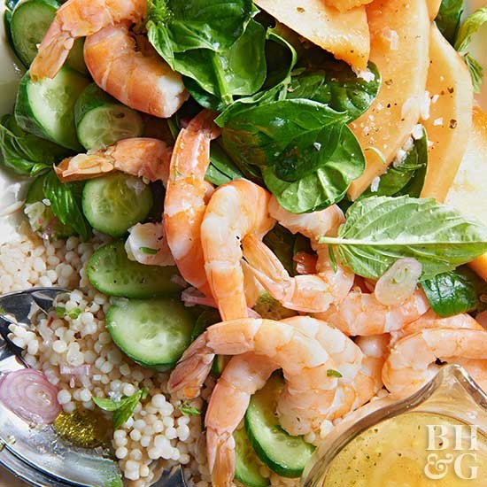 Shrimp, couscous, and melon salad