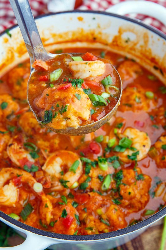 Shrimp Creole soup with bacon and cheddar dumplings
