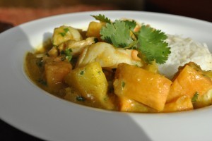 Shrimp curry with mangos, sweet potatoes, and lime
