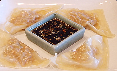 Shrimp dumplings with sesame dipping sauce