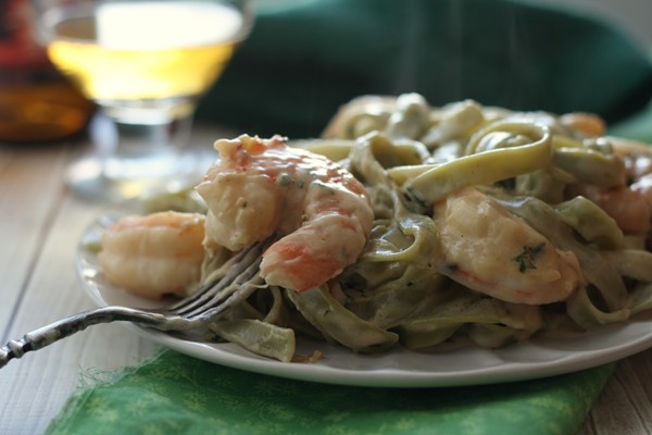 Shrimp fettuccine in creamy hard cider sauce