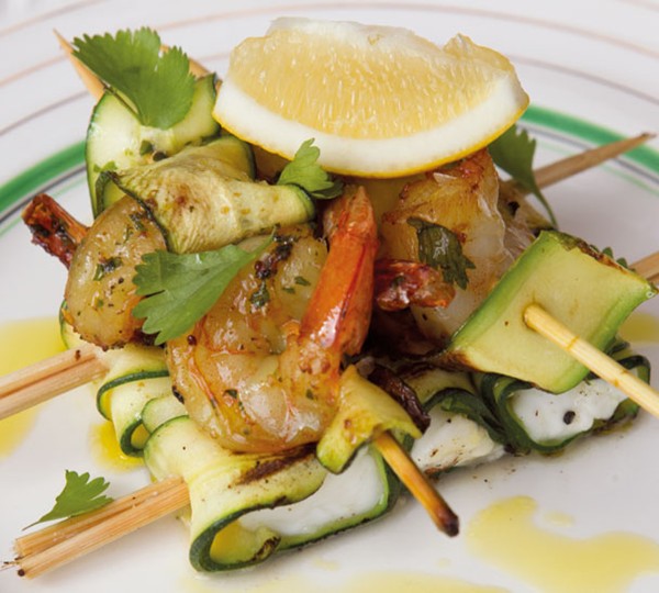 Shrimp, haloumi and zucchini skewers