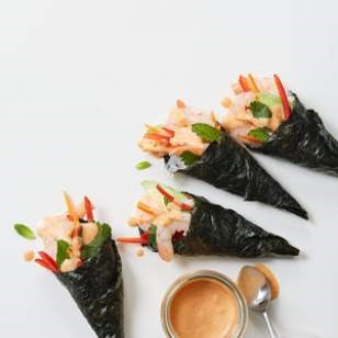 Shrimp hand rolls with coconut-curry dipping sauce