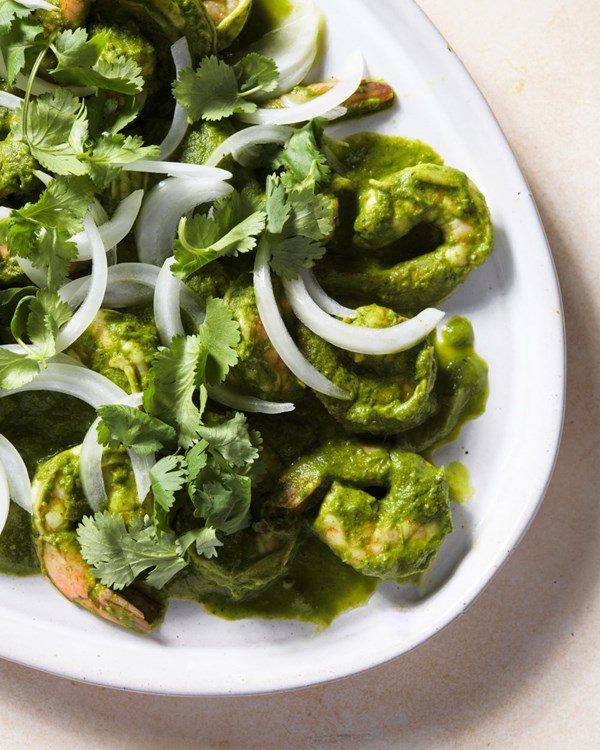 Shrimp in poblano chili and cilantro sauce