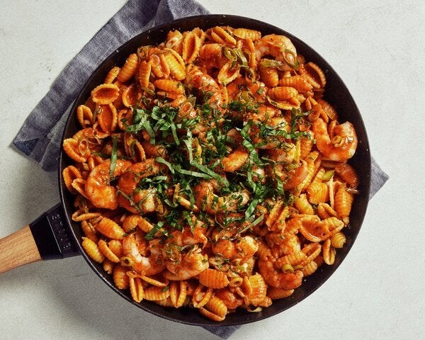 Shrimp in rundown sauce with cavatelli