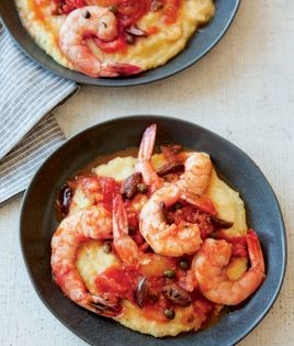 Shrimp in tomato-olive-caper sauce with polenta