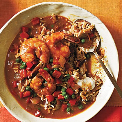 Shrimp korma and basmati rice with roasted summer squash with parsley