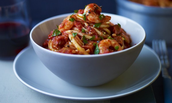 Shrimp linguine with chorizo & Cabernet tomato sauce