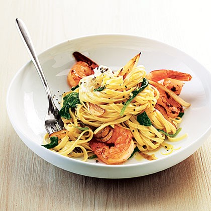 Shrimp linguine with ricotta, fennel, and spinach