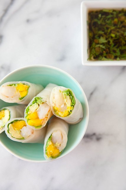 Shrimp, mango and avocado spring rolls
