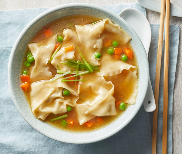 Shrimp, mushroom & Brussels sprout wonton soup