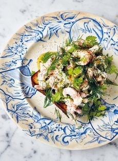 Shrimp on toast with capers, dill, and chervil