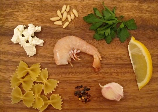 Shrimp pasta in a goat cheese and pine nut sauce 