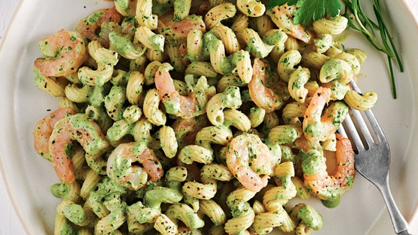 Shrimp pasta salad with creamy herb dressing