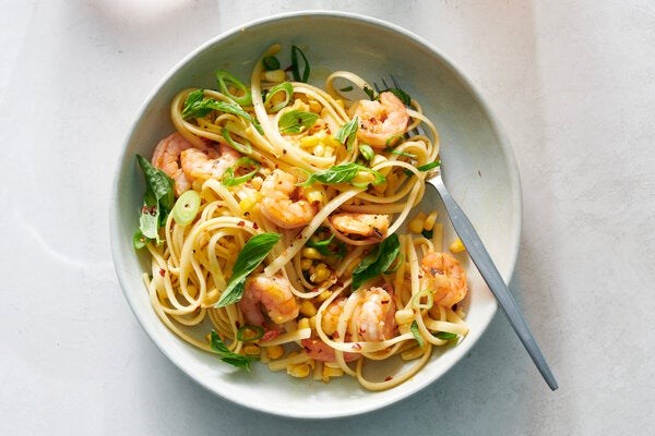 Shrimp pasta with corn and basil