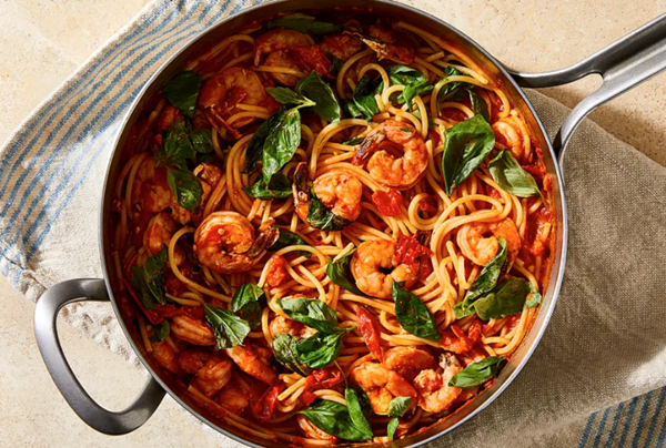 Shrimp pasta with tomatoes, basil & chile butter